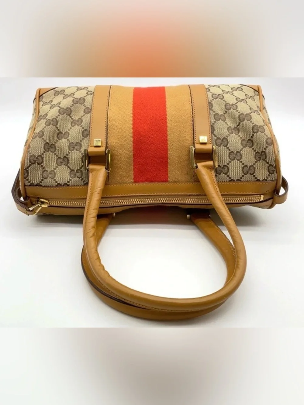 Gucci Brown MINI BOSTON BAG Monogram Satchel Sherry line Stripe perfect size!